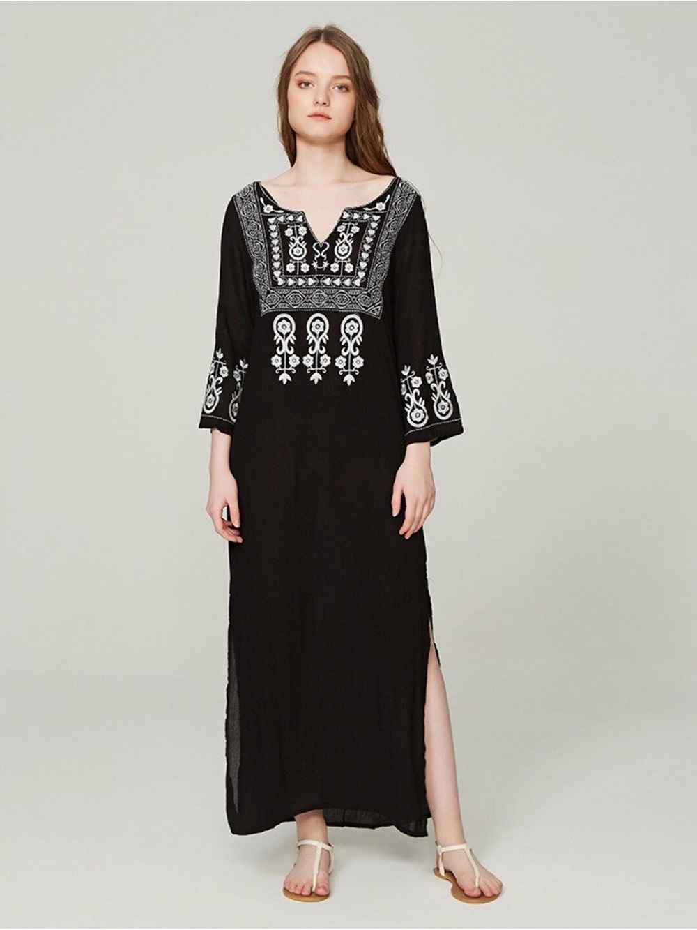 Forever 21 Black Embroidered Maxi Dress with White Folk Detailing L BNWOT